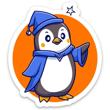A penguin in a blue wizard robe and pointy hat with stars, casting a magical spell sticker