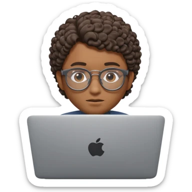 3D Apple Memoji–style emoji, brown-skinned male character, short curly hair, thick glasses, calm focused eyes, peeking over silver laptop, transparent PNG, 4K. sticker