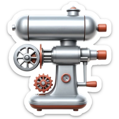 sausage-processing droid. retro-futuristic style. top is a circular industrial meat grinder with rotating gears and blades. Two robotic arms feed material into grinder. Sausage links extrude from the rear like  factory. The body is metallic, compact, and floats above the ground.no legs. Dark humor sticker