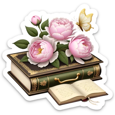 A vintage silk-bound poetry book, its cover embossed with golden floral motifs of pink roses and white peonies, resting on an antique writing desk with an ivory quill and a pearl butterfly sitting lightly on the book’s pages.
 sticker