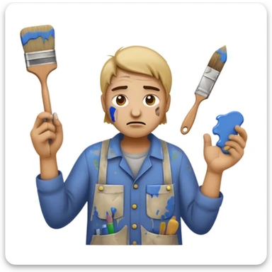 clumsy amateur house painter emoji wearing old dirty clothes with paint stains, no protective gear or hat, holding a broken paintbrush, looking confused or frustrated, paint splatters on face and hands, messy background sticker