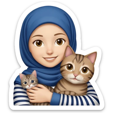 White girl wearing dark blue hijab with white shirt smiling while holding a black grey brown stripes tabby cat sticker
