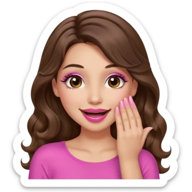 girl with long wavy brown hair, brown eyes, long lashes makeup, pink lips, light to medium complexion, pink sexy top, smiling, hand covering the mouth, giggling sticker