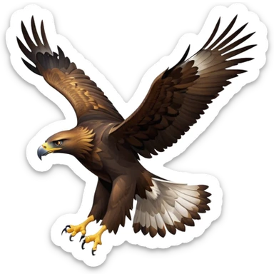 cinematic-golden eagle-realistic-full-body-soaring-emoji,-massive-wings-spread-wide-against-the-open-sky,-sharp-beak-curved-and-powerful,-piercing-golden-eyes-scanning-the-land-below,-strong-feathered-legs-tucked-tight,-dark-brown-feathers sticker
