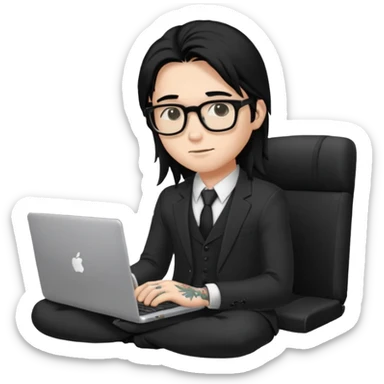 a young man with long black hair, with formal cloth, wearing glasses sitting with a laptop, tattoo inyout arms sticker