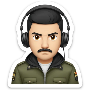 Cartoon avatar of a young latino man with very short black hair (military cut), trimmed beard only on the chin with mustache, wearing black jacket and headphones. Angry face. Semi-realistic, clean cartoon style, vivid colors, transparent background. sticker