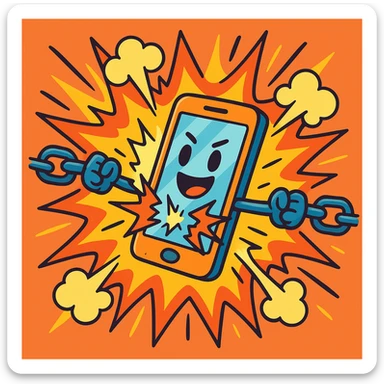 a vibrant cartoon style image combining a mobile phone breaking a chain with explosion effect sticker