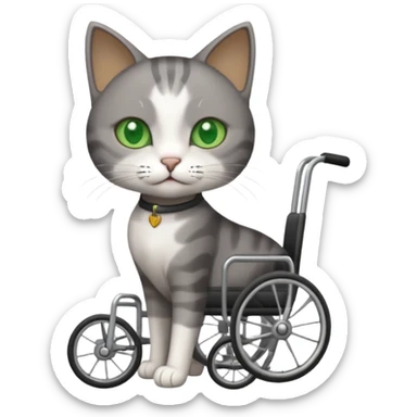 full body small short hair dark grey and white cat with green eyes walking in a wheelchair for cats sticker