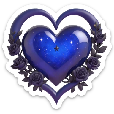 gothic heart made of midnight blue glass with a silver crescent moon, tiny black roses, shimmering stardust, soft glowing aura sticker