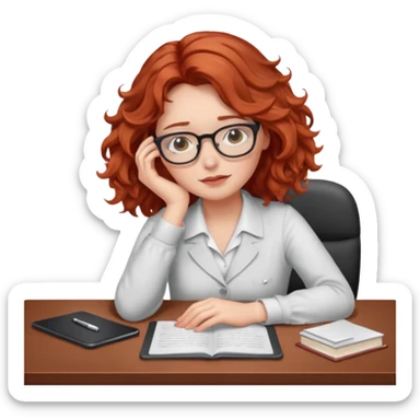 Pretty model, brown eyes, soft red wavy hair, falling asleep at desk sticker