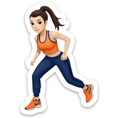 Melanie chisholm with a dark brown high ponytail, wearing an orange sports bra and navy blue track pants with sneakers sticker