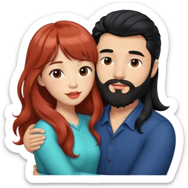 handsome mixed white asian man with long black hair and beard, hugging cute tan skin woman with long wavy reddish brown hair with bangs and coral lipstick sticker