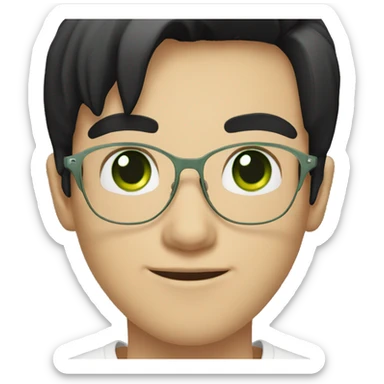 A white boy with glasses with black hair wearing a white T-shirt with green eyes sticker