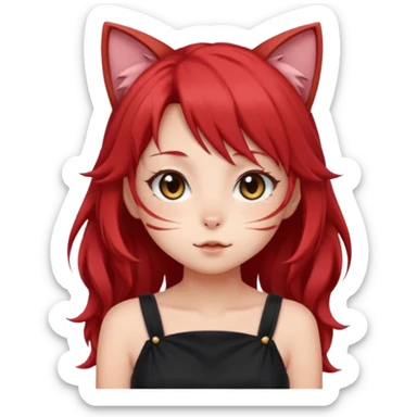 very cute anime cat-girl with small cat ears, red blowing hair sticker
