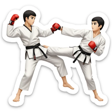 Two taekwondo fighters in traditional white doboks with black belts. One delivers a powerful kick to the opponent’s midsection, while the other expertly deflects the strike with a raised knee. The background features a professional arena with bright lights and excited spectators. sticker