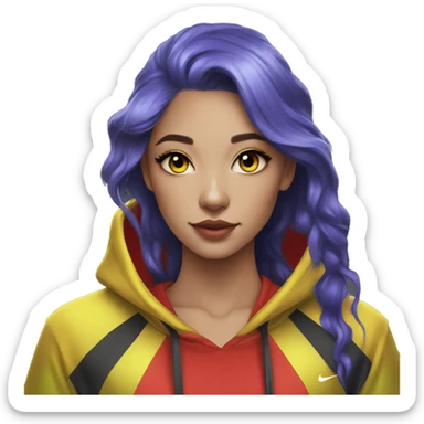 Lady with brunette and iridescent blue hair, gold, lime green dragon wings, black hoodie, oilslick holographic, black and gold Nike t shirt, and bright red eyes sticker