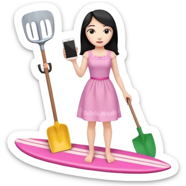 Princess who wearing dress (woman) black hair holding her cellphone and a garden shovel with another hand. She is standing on her feet, there is one pink surfing board. sticker