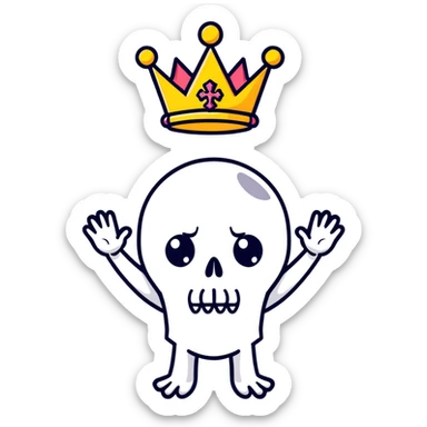 A shocked skull with a crown on top, both hands raised pressing on its head in disbelief, black and white sticker