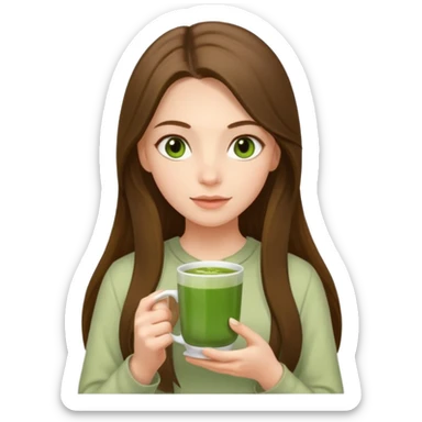 white long brunette hair girl with hazel eyes wearing light who is holding matcha sticker