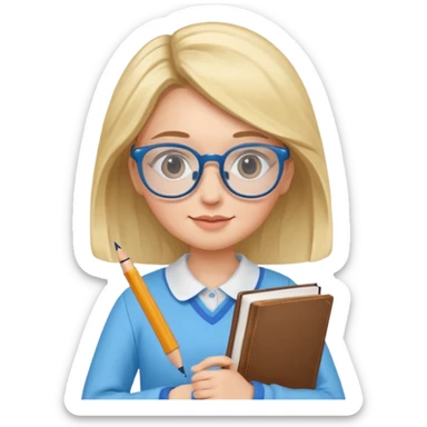 cute girl, glass, smart, Sky-blue colored clothing,
holding a book in one arm and a pen in the other hand.Holding a pen in the right hand as if teaching.Wearing glasses, with a smart and bright-looking face. sticker