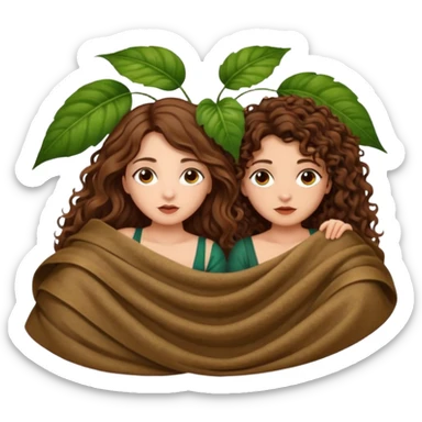 fake sleep pose — long wavy brown hair tattooed woman and short tight curly brown hair woman — peeking under leaf blanket sticker