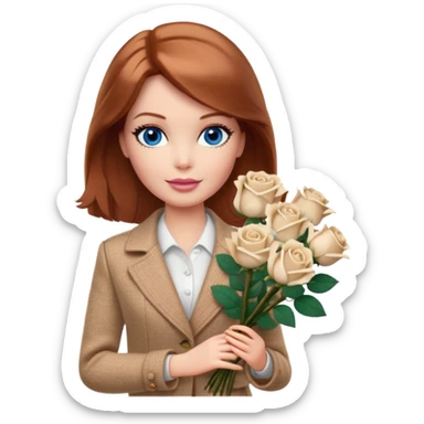 A Barbie girl with blue eyes, shoulder-length reddish-brown hair, made-up, wearing a beige tweed jacket and a beige skirt, with a bouquet of white of nine roses sticker