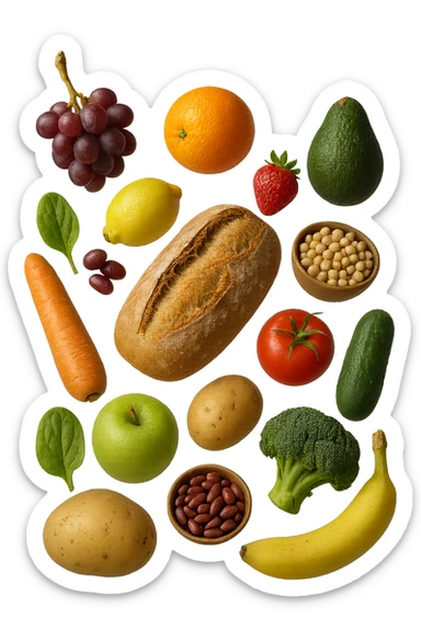 FRUTTA, PANE, LEGUMI E VERDURE CRUDE FLUTTUANO IN ARIA, IPERREALISTICA 4K sticker