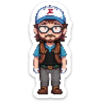 adventurer with small beard, glasses and backwards baseball cap sticker