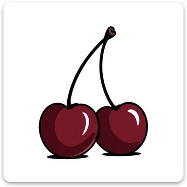 Hand-drawn pair of deep burgundy cherries with stem and leaves, dark rich red sticker