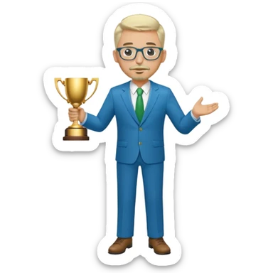 Full Body white  male medium size wearing glasses with a goatee with light blonde and gray very short hair basketball head Coach in blue and green suit holding trophy sticker
