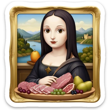  goth mona lisa with SPAM MEAT charcuterie and fruit tray renaissance landscape sticker