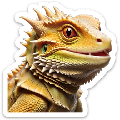 Cinematic Noble Bearded Dragon Portrait Emoji, Poised and regal, with a robust, angular build and a textured, scaled hide in earthy olive and sandy tones, a prominent spiky 'beard' beneath its chin and a keen, alert gaze, Simplified yet sharp and sophisticated features, highly detailed, glowing with a soft, dignified glow, high shine, intelligent and fierce, stylized with an air of desert majesty, focused and attentive, soft glowing outline, capturing the essence of a watchful and commanding reptile, so majestic it feels as though it could scuttle out of the screen with effortless authority! sticker