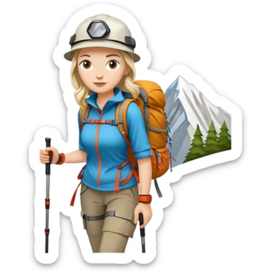 female mountain climber with backpack and hiking poles sticker