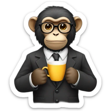 monkey professor with beard, mustace, glasses, suit drinking coffe sticker