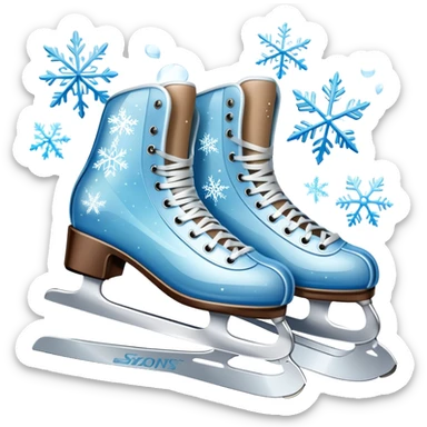 An icon showing In the background, twinkling lights, winter trees, and cheering spectators create a festive atmosphere. a pair of elegant ice skates gliding across a smooth, frozen rink with snowflakes in the air. Transparent background highlights the grace and charm of ice skating. sticker