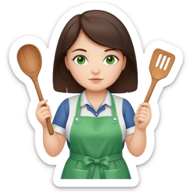 chubby brunette girl with green eyes with apron holding spatula  sticker