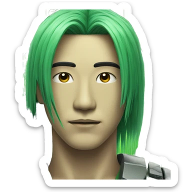 Head of Asian male cyborg with long green hair and circuits sticker