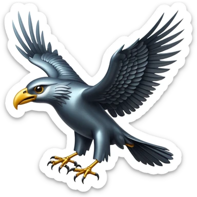 Emoji-style icon of a large metallic predatory bird flying, sharp wings, steel texture, dramatic pose, dark background sticker