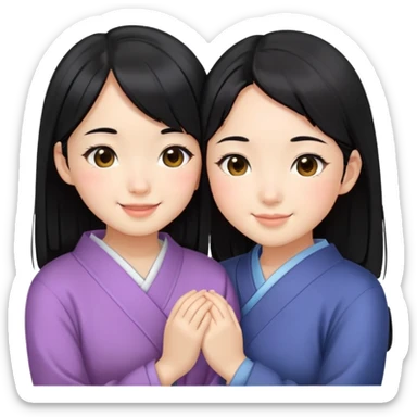 Two cute Japanese girls with straight black hair and East Asian features, faces pressed together cheek to cheek, smiling happily sticker