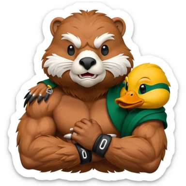 Oregon State Beaver mascot holding University of Oregon Duck mascot in a headlock sticker