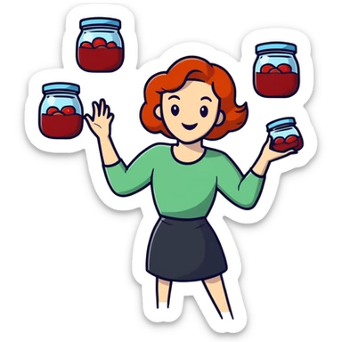 redhead woman juggling with 3 glass jars with jam sticker