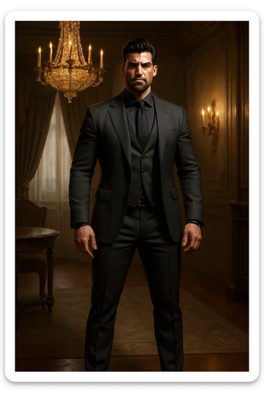 a dominant man with confident posture and strong presence, wearing stylish clothing sticker