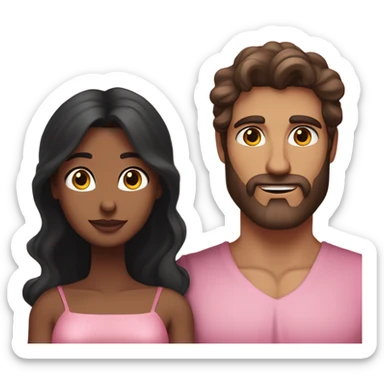 A handsome pale Greek god man who has long brown hair and tanned skin with a pretty black woman who has long black hair and she is wearing a pink dress and they are a couple sticker