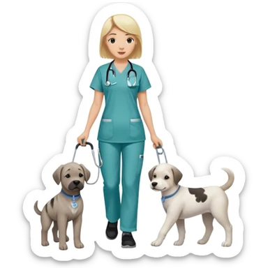 Blond white girl wearing nursing scrubs with 1 dog medium size white and gray and 1 dog large brindle and white, a dark skinned black guy with black short hair and their baby on a walk sticker