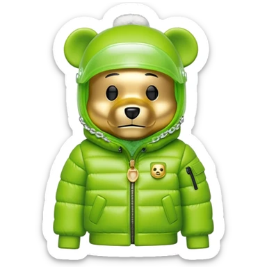 bearbrick with lime green balaclava that has built-in panoramic visor lens directly in eye area, single continuous shield integrated into the mask, not separate glasses, puffy jacket with fur, gold chains sticker