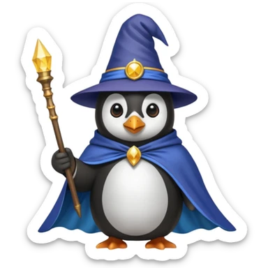 A penguin dressed as a wizard, holding a magic wand, with a pointy hat and a cape sticker