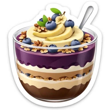 Açai bowl in a clear cup with layers of biscof , nutlella, granola, condensed milk and banana sliced and blueberrys on top sticker