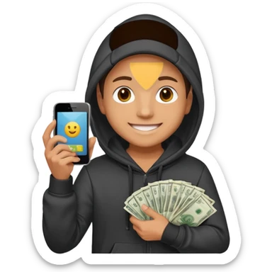miling young entrepreneur in a hoodie, holding a stack of cash in one hand and a phone in the other, clean emoji style, soft lighting, simple background sticker