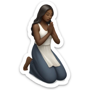 A woman kneeling praying, in a long dress, long dark brown hair with white skin sticker
