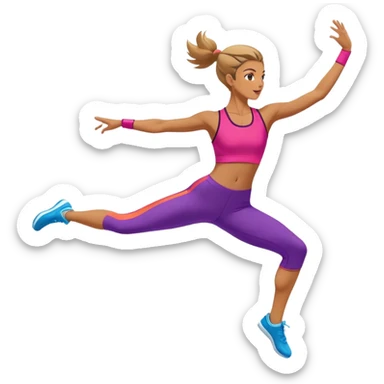 A professional performing a dynamic aerobic routine, dressed in a vibrant workout outfit. The gymnast is mid-jump, arms extended gracefully, with one leg lifted in a high kick. The background features a spacious fitness studio with mirrors, colorful mats, and energetic lighting.  sticker